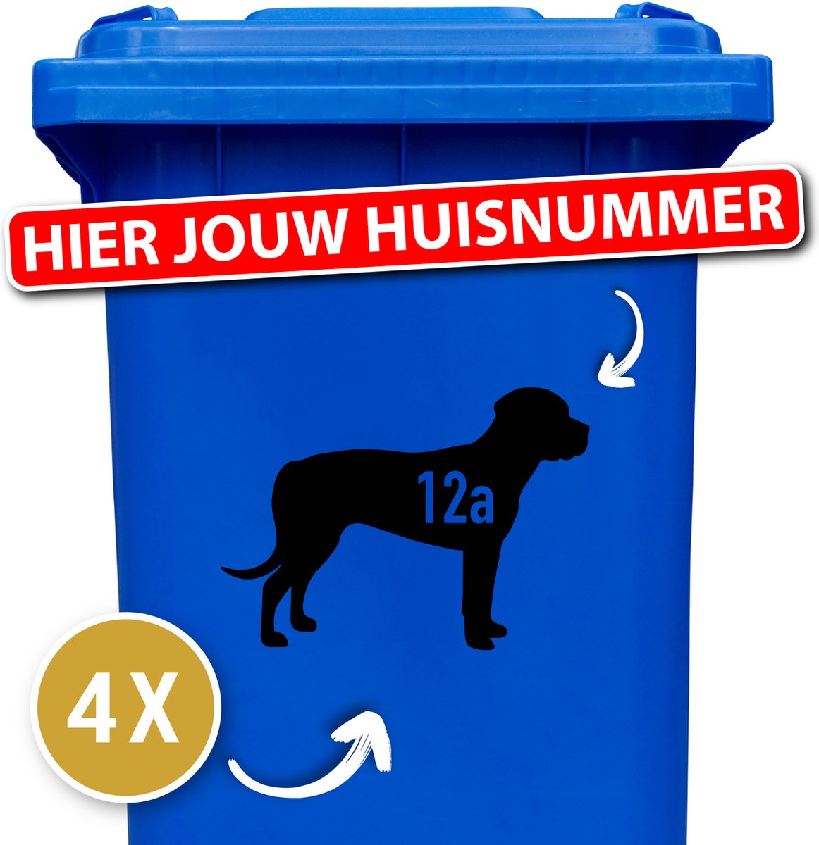 Kliko sticker voordeelset - 4 stuks - container sticker hond - Rottweiler - container sticker huisnummer - zwart
