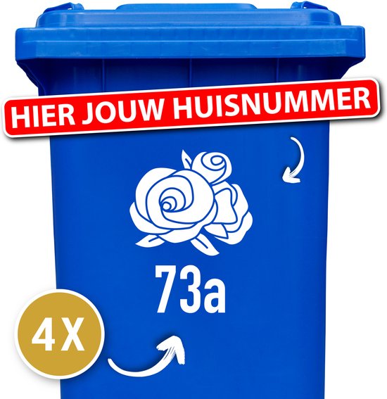 Rozen - Container Sticker met Huisnummer - Kleur: Wit - Aantal: 4 Stuks - kliko sticker bloemen - kliko sticker - kliko stickers