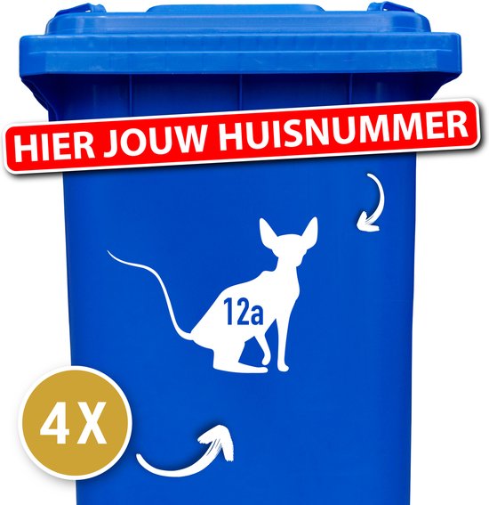 Container Sticker - Kat Sphynx met Huisnummer - 10 x 15 cm - 4 stuks - Wit - Container Sticker Kat - Klikostickers