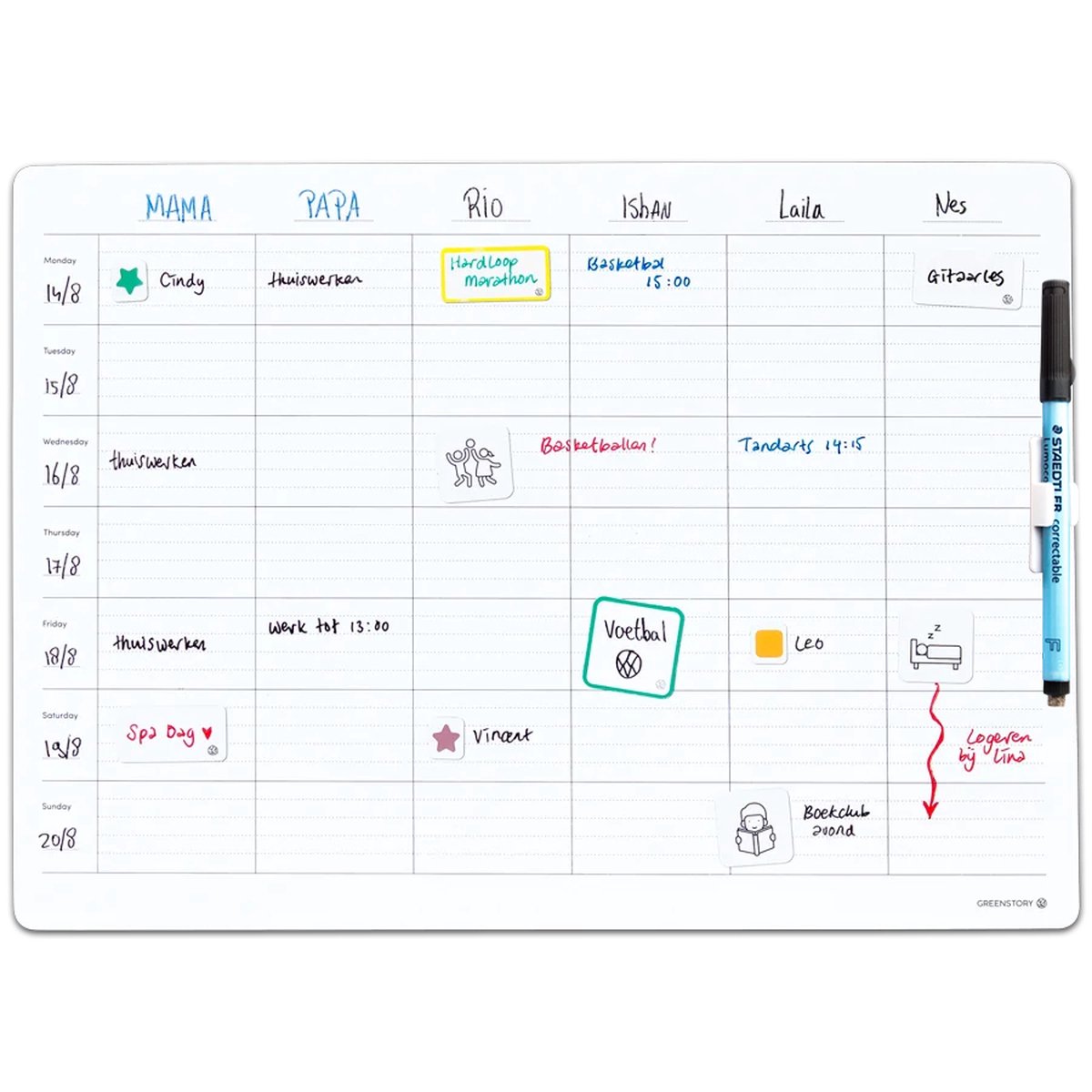GreenStory - Familieplanner kalender - 6 personen - Familieagenda - Sticky Whiteboard - met Sticky Pen