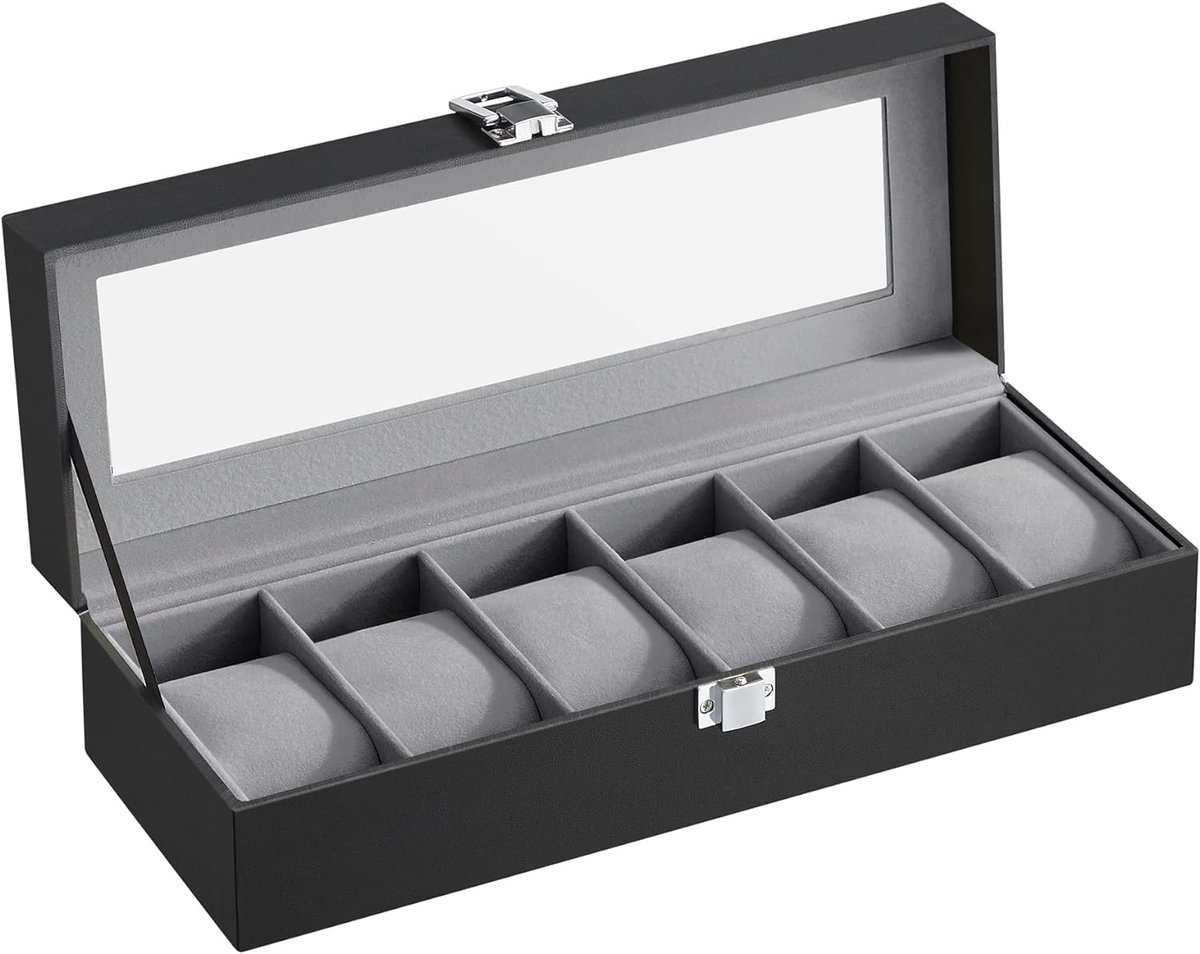 DiverseGoods Horlogebox voor 6 Horloges - Horlogekast met Glazen Deksel, Fluweel Beklede Horlogekussens, Afsluitbare Horlogekast - Elegant Design in Zwart PU en Grijze Fluweel Voering, 30 x 11,2 x 8 cm