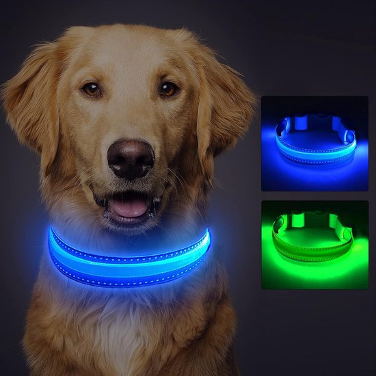 Foto: Diversegoods oplaadbare usb led hondenhalsband verstelbare waterdichte lichtgevende halsband met 3 verlichtingsmodi geschikt voor middelgrote en grote honden blauw 42 62 cm 