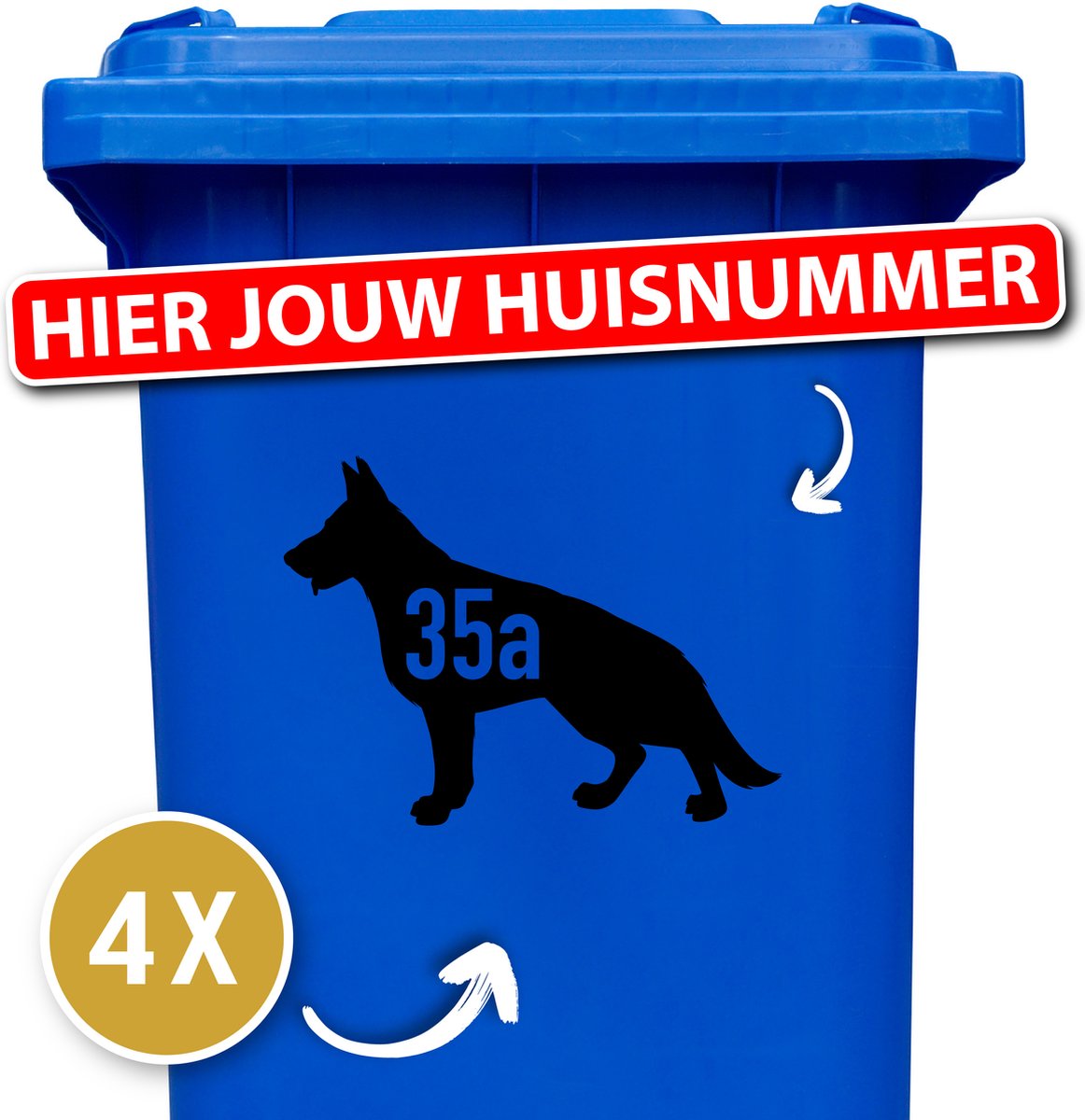 Klikostickers - kliko sticker voordeelset - 4 stuks - Duitse herder - 25 x 18,5 cm - container sticker huisnummer - zwart - vuilnisbak stickers