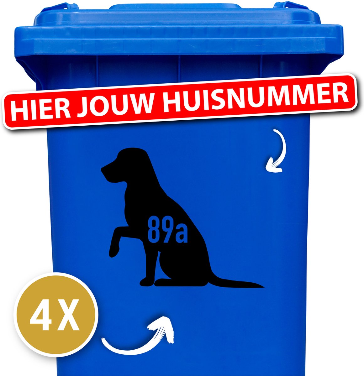 Klikostickers - kliko sticker voordeelset - 4 stuks - Labrador pootje - 17 x 20 cm - container sticker huisnummer - zwart - vuilnisbak stickers