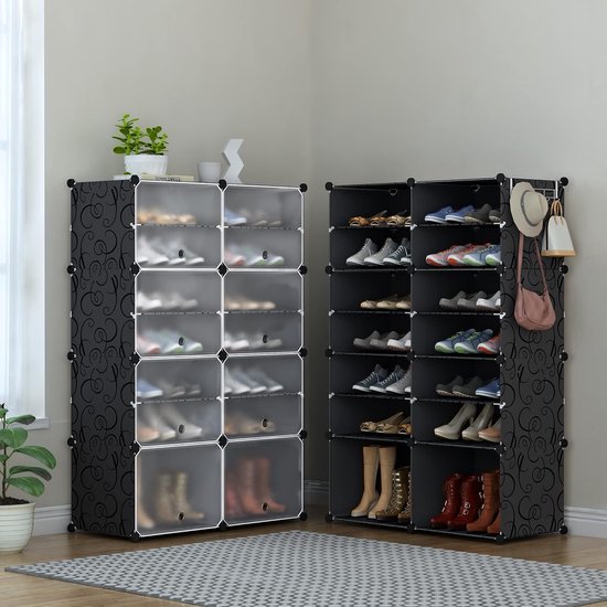 Schoenenrek, 7-traps schoenenkast, kunststof schoenenrek, organizer voor kast, hal, slaapkamer, entree (zwart & wit)