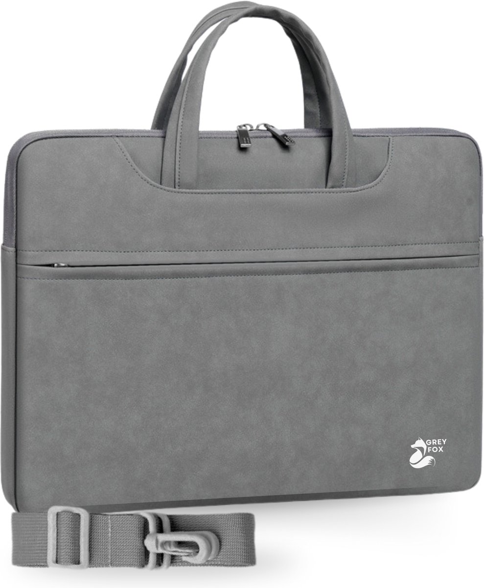 Grey Fox PU Leren Laptophoes 14 inch - Laptoptas - Macbook / IPad / Thinkpad - Sleeve met Ritssluiting - Kofferinsteek - Incl. Schouderband - Grijs