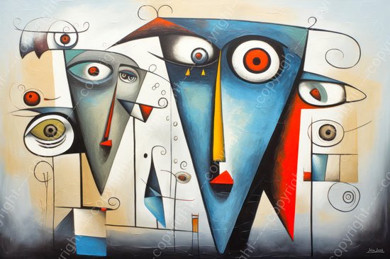 JJ-Art (Canvas) 120x80 | Vrouwen gezichten, abstract, modern surrealisme, Joan Miro stijl, kunst | mens, vrouw, grijs, wit, rood, blauw, bruin, modern | Foto-Schilderij canvas print (wanddecoratie)