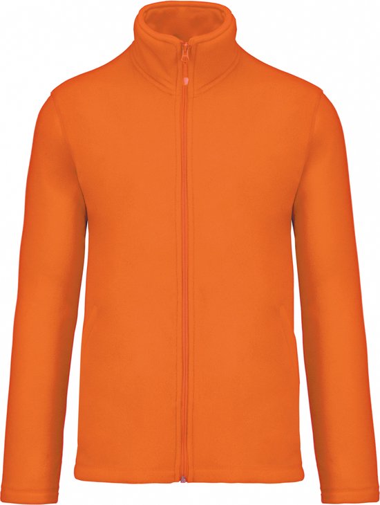 Gilet en micropolaire orange vif à manches longues, col montant et fermeture éclair. Le devant est uni.