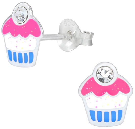 Joy|S - Zilveren cupcake oorbellen 8 mm glitter roze wit blauw