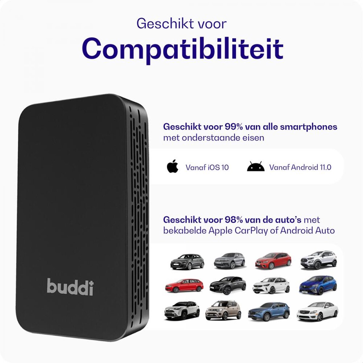 Bluetooth adapter Buddi Play 2 voor draadloos Apple CarPlay & Android Auto, USB-A/C, iPhone & Android compatible - Afbeelding 2