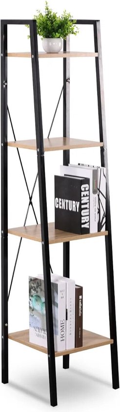 BukkitBow - Moderne Smalle Boekenkast met Metalen Frame en Hout - 4 Planken - Geschikt voor Decoratie in de Woonkamer - 35X34X148CM - Zwart met Licht Eikenhout