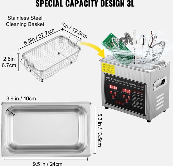 VEVOR Ultrasoon Reiniger 1,8-2 L-Roestvrij Staal Professionele Ultrasone Reinigingsapparaat Digitale Verwarming Timer Sieraden Brillen Tanden