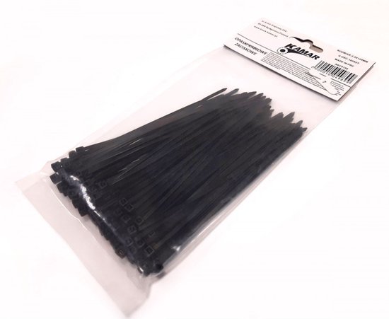 Zwarte kabelbinders in een doorzichtige verpakking, 100 stuks, 4,8 mm x 30 cm.