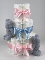 Chouette-Chouette | Luiertaart Neutraal | Kraamcadeau | Geboorte Jongen Meisje | Babyshower | Beren Grijs - Roze - Blauw