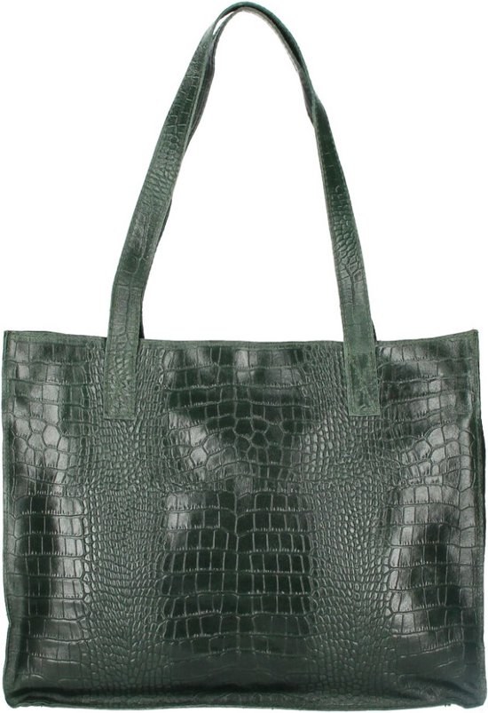 Donker Groene Leren Croco Shopper - Leren Shoppers Handtassen Kantoortassen - Dames tas - donker groen