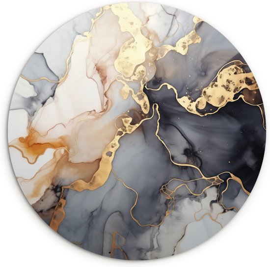 WallCircle - Wandcirkel 120x120 cm - Abstract marmer - Ronde schilderijen woonkamer - Wandbord rond zwart goud - Muurdecoratie cirkel - Kamer decoratie binnen - Wanddecoratie muurcirkel - Abstracte woonaccessoires