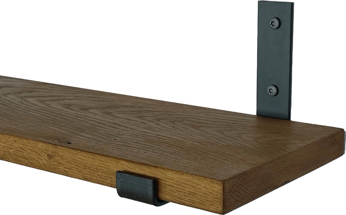 GoudmetHout Wandplank Industrieel - 200 x 20 cm Muurplank - Donker Eiken Hout - Decoratie Wandrek & Boekenrek - Hangplank Keuken - Wall Shelf + 2 Mat Blanke Plankdragers van Staal Donker eiken - Mat blank - 20 cm