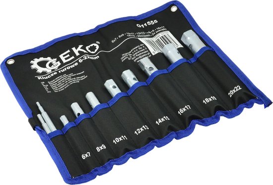 Een 10-delige GEKO buissleutelset (6-22mm) in een zwarte opberghoes met blauwe rand, netjes opgeborgen.