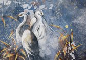 Fotobehang - Reiger - Vogel - Bladeren - Abstracte Achtergrond - Dieren - Vliesbehang - 416x254cm (lxb)