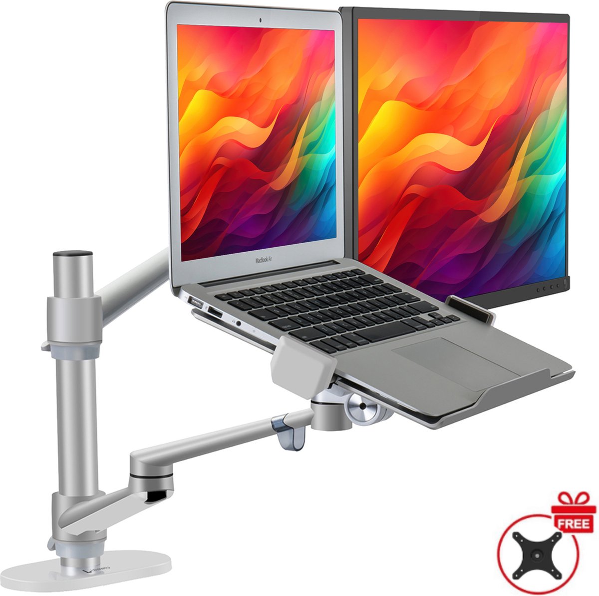 LEVANTU® Monitor arm voor laptop scherm – Monitorbeugel geschikt voor 2 schermen – Monitor Standaard – Laptop Standaard – Verstelbaar– Laptop Arm - Zilver
