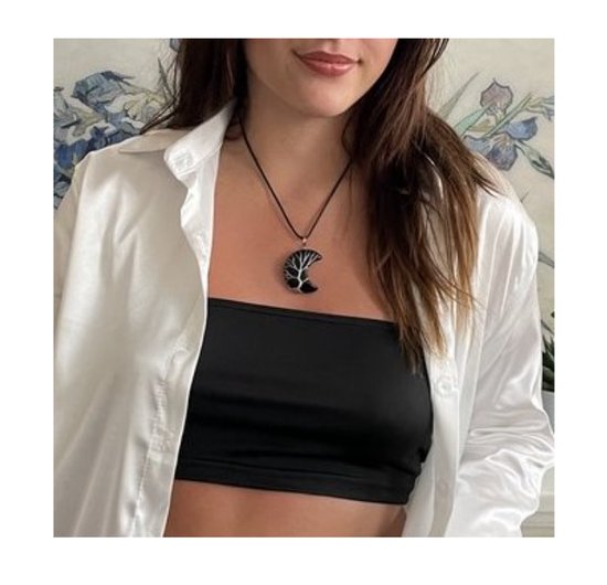 ASTRADAVI Crystal Crescent Moon - Pendentif - Pierres précieuses de cristal Chakra à Énergie positive - Cage de couleur bronze - avec cordon en cuir végétalien Zwart - Zwart