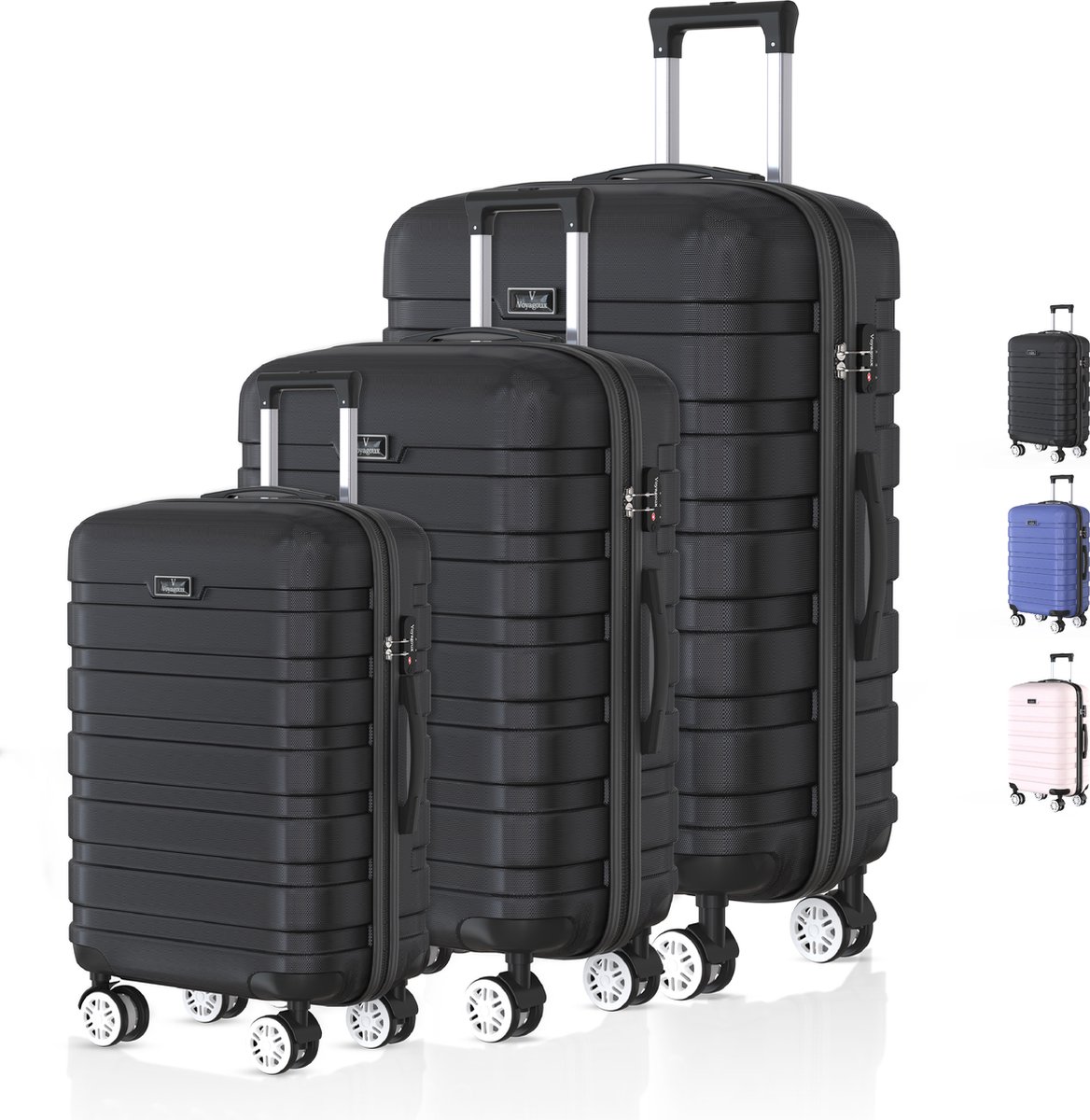 Voyagoux® REVELATION - Reiskoffer set - Koffers - 3 stuks - Reiskoffer met wielen - Zwart- TSA Slot