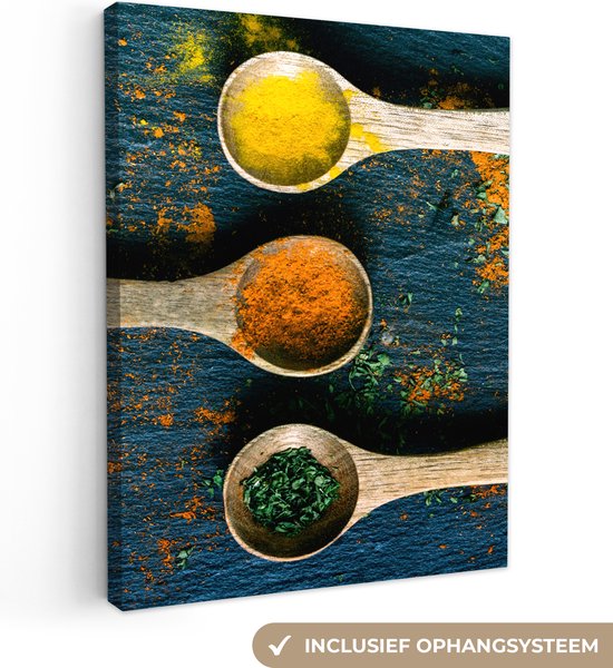 Tableau sur toile Épices - Cuillère - Herbes - Marron - Jaune - Vert - 30x40 cm - Décoration murale