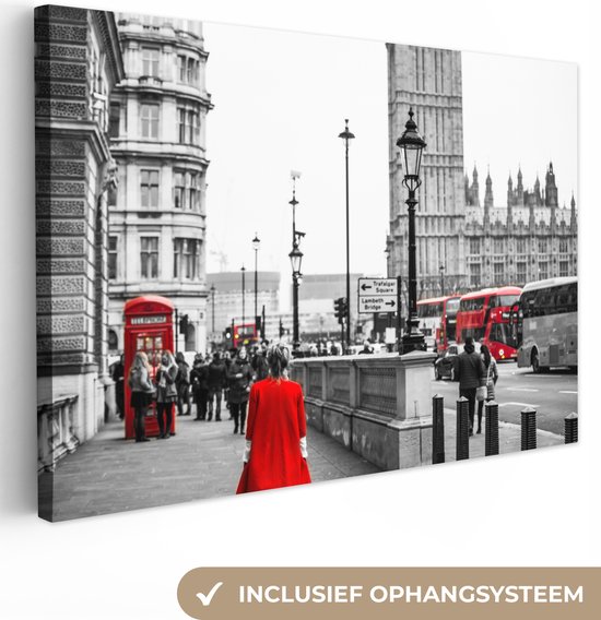 Photo Zwart et blanc d'une femme en robe rouge Toile 180x120 cm - Tirage photo sur Toile (Décoration murale salon / chambre) XXL / Groot format!