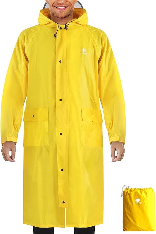 Unisex waterdichte draagbare lichtgewicht regenjas Compacte regenponcho met capuchon Herbruikbaar met mouwen voor buitenshuis werken Backpacken Kamperen, Geel.