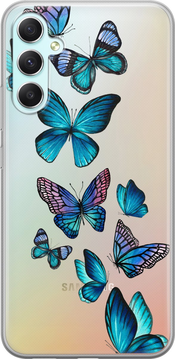 Samsung Galaxy A34 hoesje siliconen - Vlinders blauw - Soft Case Telefoonhoesje - Print / Illustratie - Transparant, Blauw