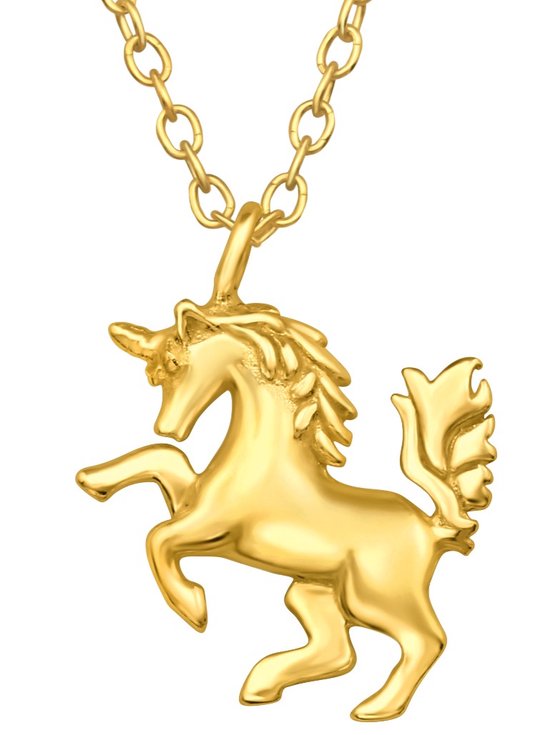 Joy|S - Zilveren eenhoorn paard hanger met ketting - 45 cm - 14k goudplating - voor kinderen