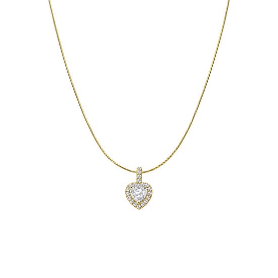 Lucardi Dames Zilveren ketting met hanger hart zirkonia - Ketting - 925 Zilver - Goudkleurig - 48 cm