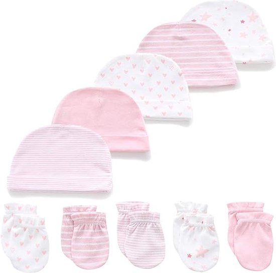 Baby Jongens Meisjes Katoenen Cap Mitten - 10 Pack Zachte Katoenen Baby Hoeden Baby Scratch Mitten Handschoenen Wanten, Blue Sky set, M