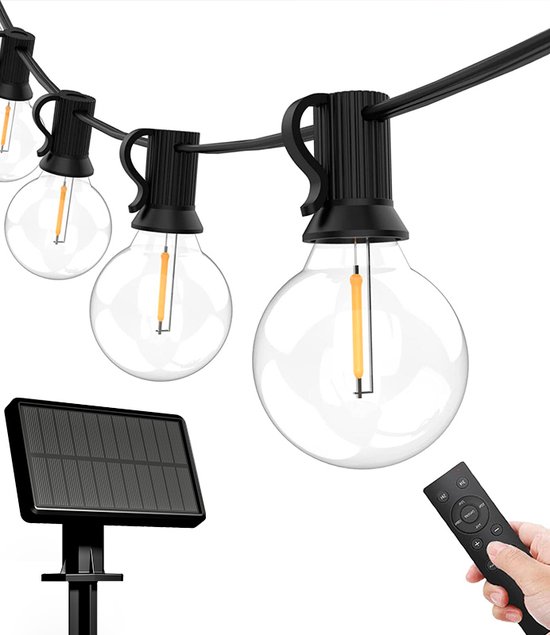 Iplux® Venice - Solar Lichtsnoer - 50 LED lampen - 15 meter - Afstandsbediening - Hoge kwaliteit - Draadloos - IP65 Waterproof - Krachtig Zonnepaneel