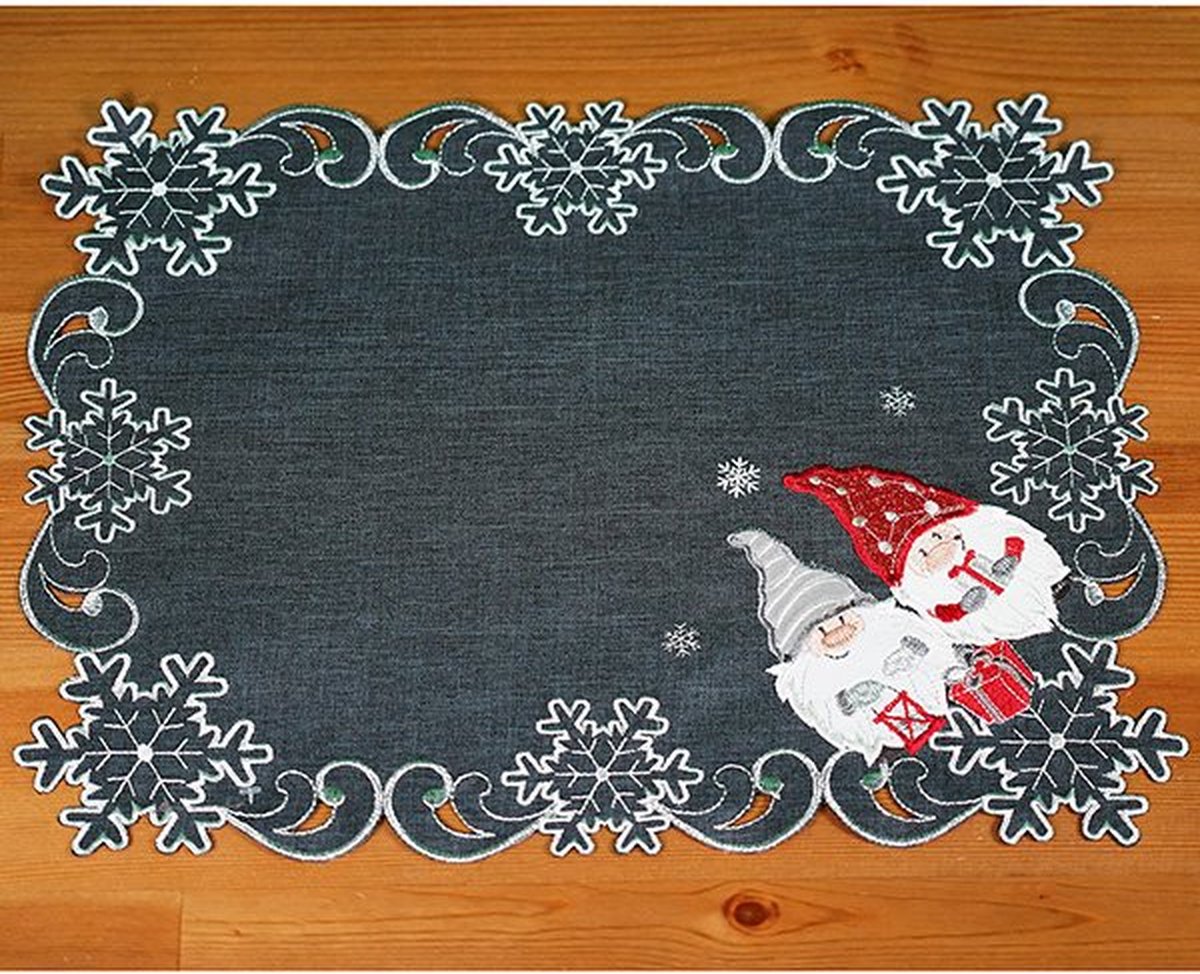 Tafelloper - linnenlook - Kerst - Donkergrijs met kabouters - gnoom - wichtels - Loper 33 x 45 cm
