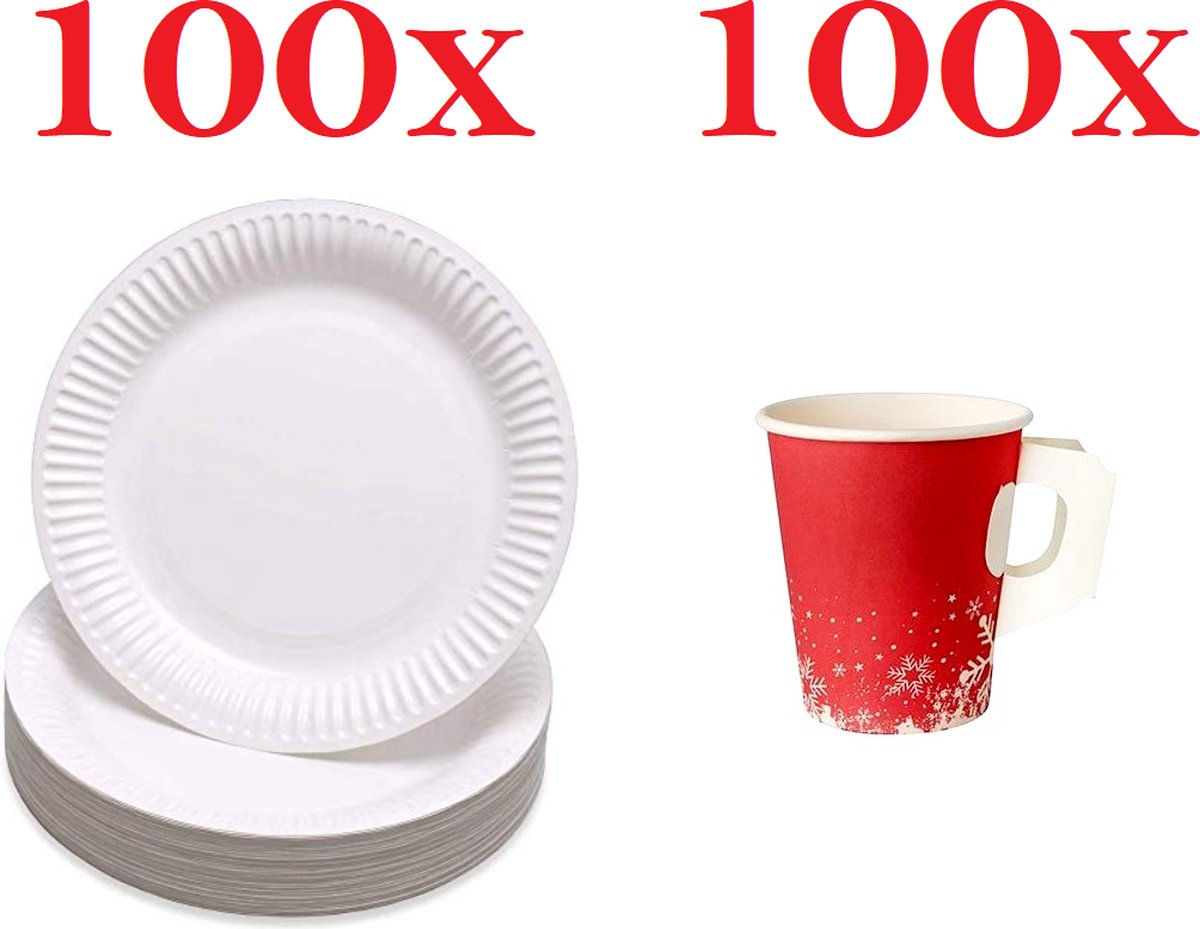 Image of 100 x Kerst Kartonnen Koffiebeker 8oz 200 ml en 100 x kartonnen borden Kraft wit karton 23cm /papieren bekers - drank bekers/ Wegwerp servies