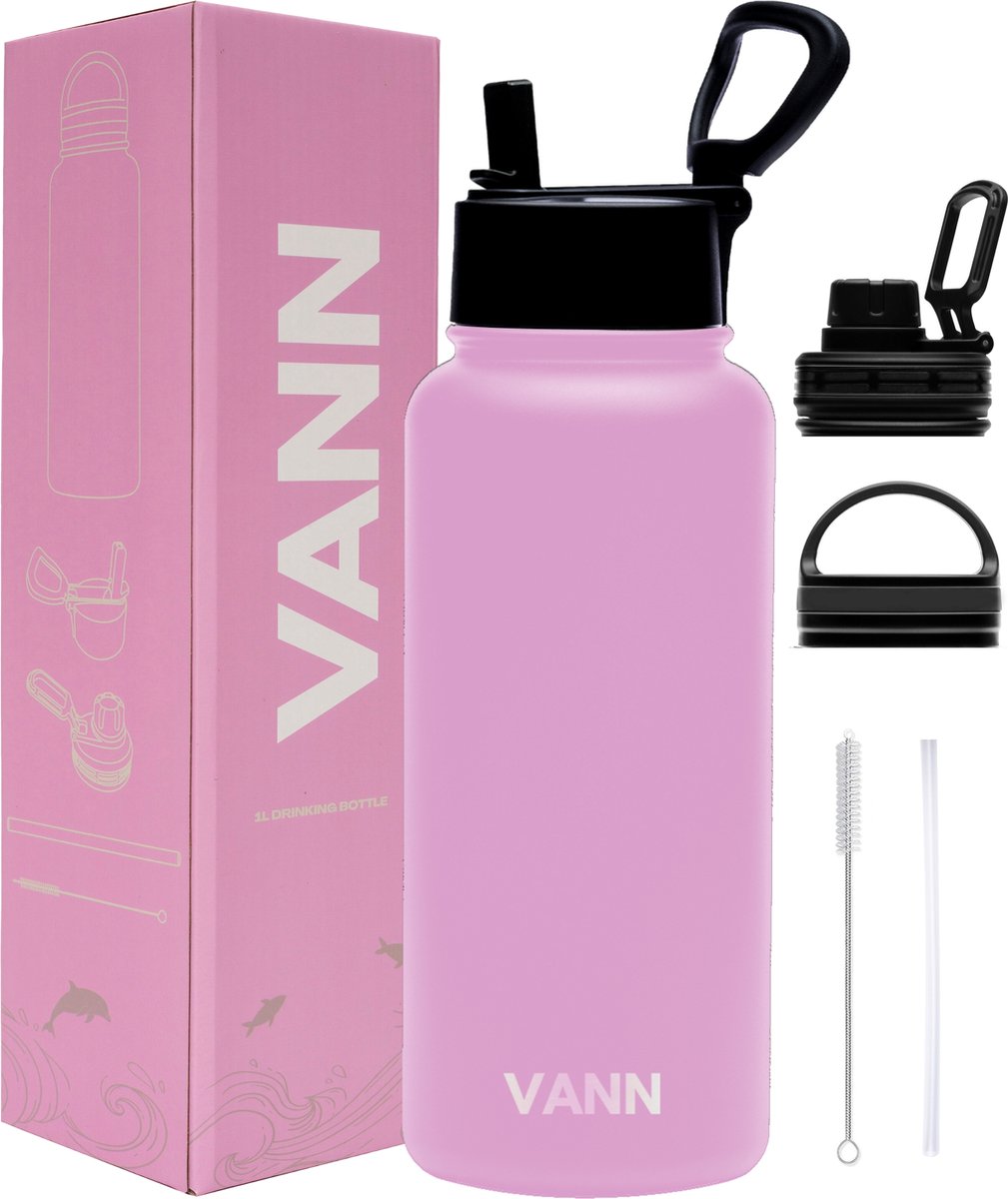 VANN® 3-Wandige Waterfles 1 liter met rietje voor volwassenen – Met 5 accessoires + 25 recepten – Bidon RVS – 24 uur koud/12 uur warm – Roze