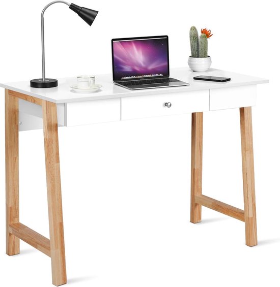 Bureau met lade, kleine computertafel, make-uptafel van hout, bureau voor kantoor, werkkamer, wit/eiken, 106 x 50 x 75 cm