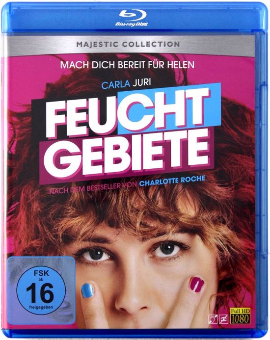Bluray cover met close-up van een vrouw met rood haar en roze nagels, met de titel 'FEUCHT GEBIETE'.