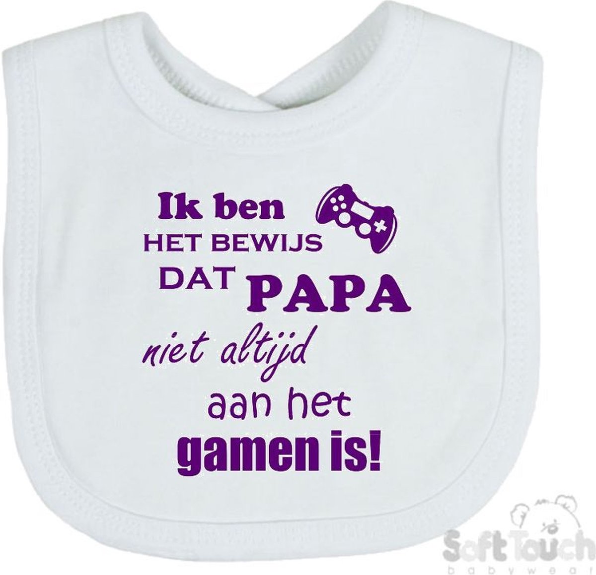 Goedkoopste Soft Touch Slabber Slabbetje Slab Ik ben het bewijs dat papa niet altijd aan het gamen is! Unisex Katoen Wit/paars Maat 33x22 Cm