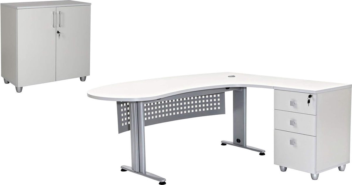 Furni24 Bureauset 2 GELA grijs decor haaks bestaande uit: freeform bureau inclusief zijbak met 3 laden archiefkast grijs decor met 2 deuren en 1 plank