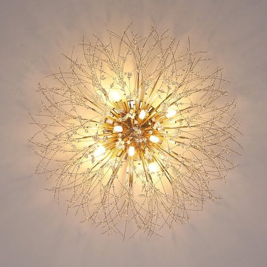 Goeco-Plafondlampen-Kristallen-kroonluchter-6 lampen-G9-moderne-LED-vuurwerkplafondlamp-Ø 60 cm-gouden-plafondverlichting-voor slaapkamer, woonkamer, keuken, hal-(inclusief lampen，driekleurig licht)