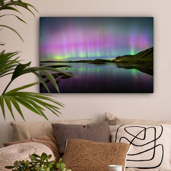 Canvas Schilderij Noorderlicht - IJsland - Paars - 90x60 cm - Wanddecoratie