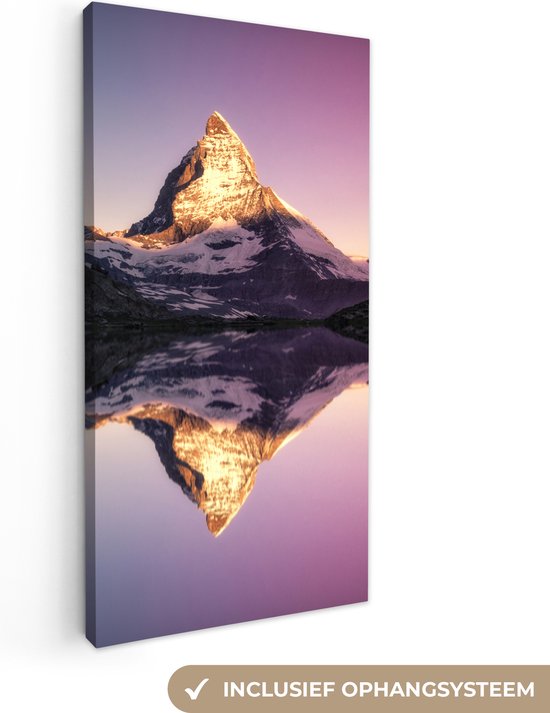 Canvas Schilderij Matterhorn bij zonsopgang vanaf Riffelsee in Zwitserland - 20x40 cm - Wanddecoratie