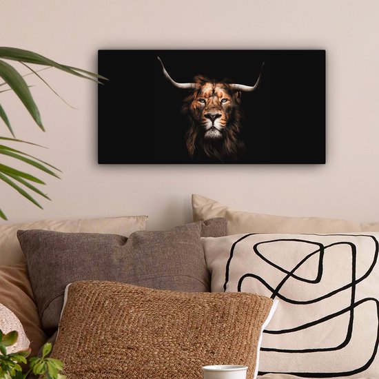 Leeuw - Hoorn - Schotse hooglander - Canvas - 40x20 cm - Wanddecoratie