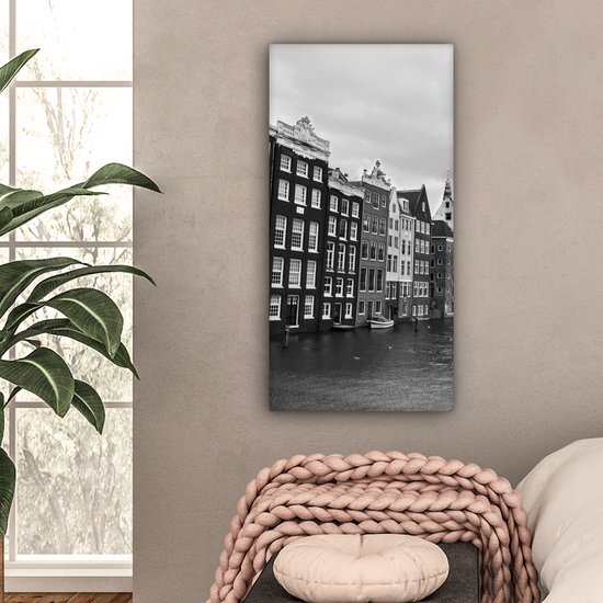 Canvas Schilderij Amsterdamse grachten zwart-wit fotoprint - 40x80 cm - Wanddecoratie