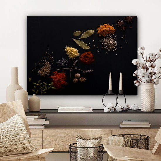 Canvas Schilderij Kruiden - Zwart - Specerijen - Keuken - Koken - 80x60 cm - Wanddecoratie