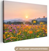 Canvas Schilderij Bloemen - Zonsondergang - Berg - 120x80 cm - Wanddecoratie