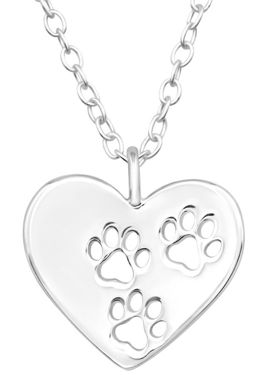 Joy|S - Zilveren hartje hanger met dierenpootjes - inclusief ketting 39 cm met extra oogje op 36 cm - kat hond poot afdruk - voor kinderen