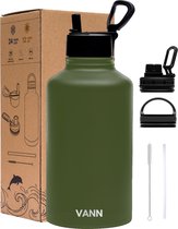 Gourde VANN® 3 parois 2 litres avec paille pour adulte - avec 3 bouchons / Multifonction - Carafe à eau en acier inoxydable 2L - Vert